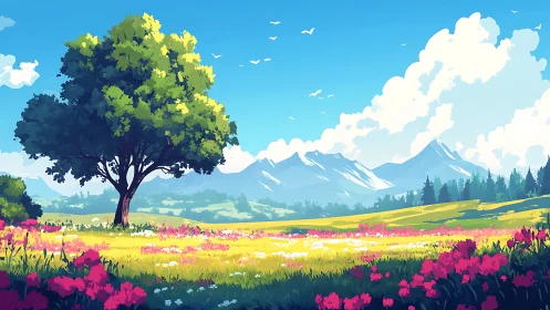 Single tree stands in bright meadow before distant mountains