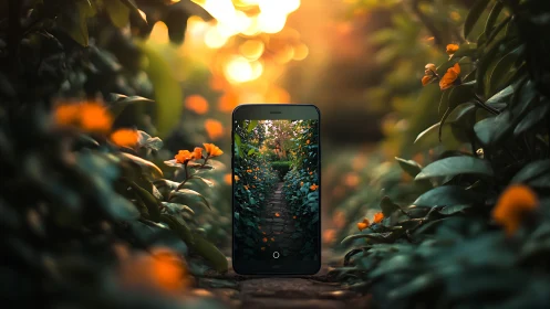 Smartphone camera frames stone path between dense foliage