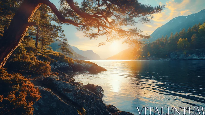 Sunlit fjord shoreline with high dynamic range water reflections