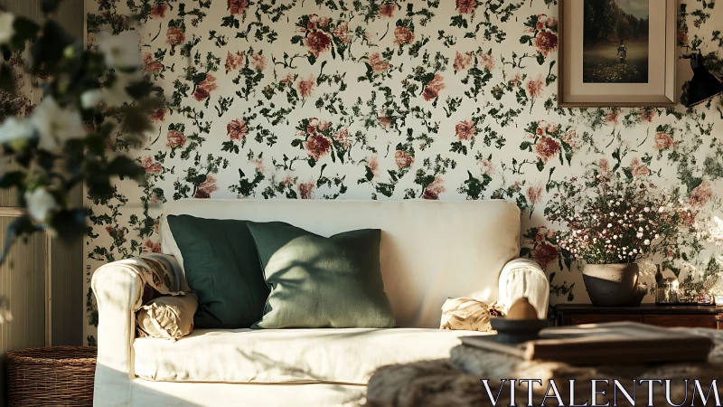 Floral wallpaper behind cream sofa in sunlit living room.