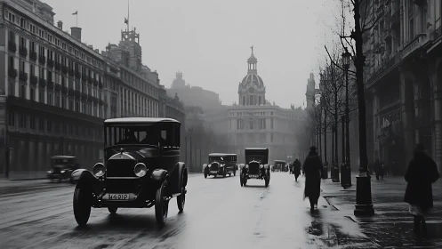 Vintage automobiles crossing misty European boulevard at dawn.