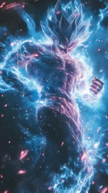 Electrified blue warrior silhouette in intense energy field.