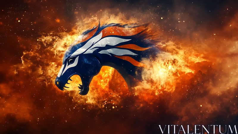 Fiery stylized horse emblem in explosive cosmic blaze.