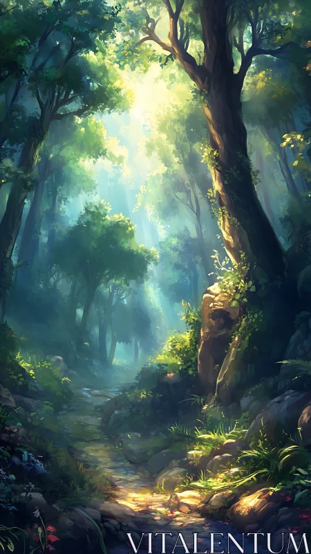 Mystical Forest Cathedral Light Streaming Through Ancient Trees