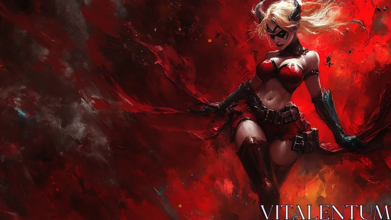 Scarlet horned vigilante storms through molten crimson chaos.