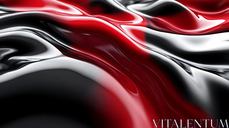 Glossy red, black, and white abstract waves in fluid 3D style.