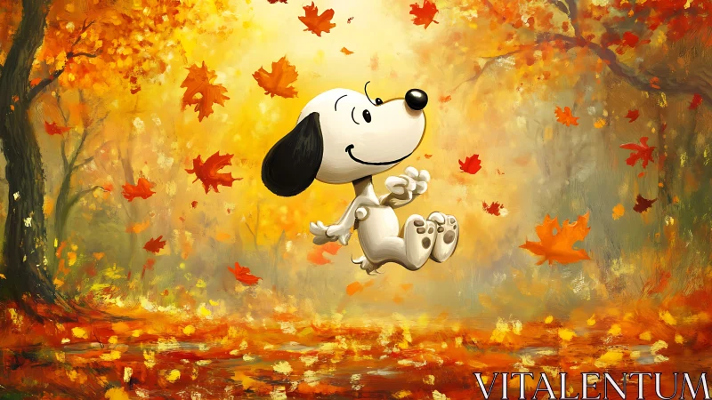 Cartoon beagle jumps through glowing autumn forest leaves