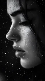 Monochrome side profile portrait in cinematic falling rain.