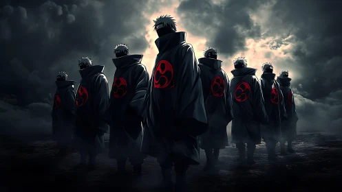 Stormlit line of cloaked warriors advances under turbulent sky