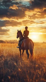 Equestrian silhouette in backlit agrarian sunset field study.