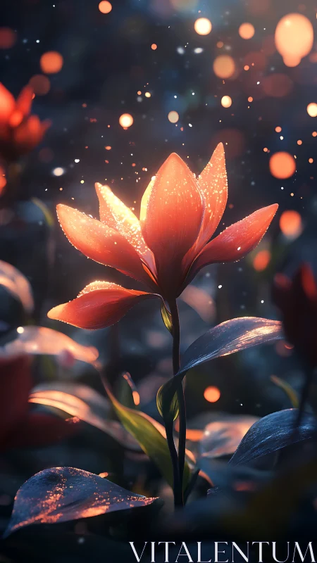 Digital render shows a luminous red flower amid defocused lights