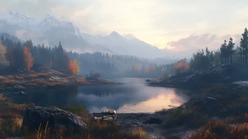 Autumn alpine lake vista in soft atmospheric perspective.