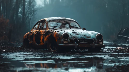 Corroded classic coup&eacute; immobilized in saturated forest mudscape.