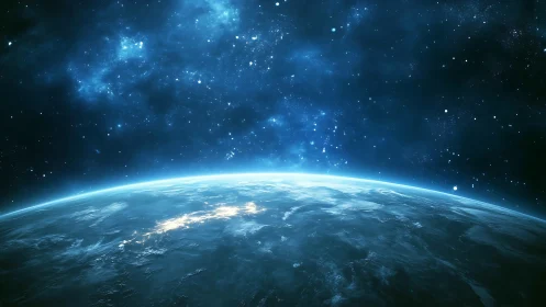 Blue dawn over Earth beneath a shimmering cosmic sea.