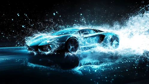 Futuristic sports car slices through neon water explosion