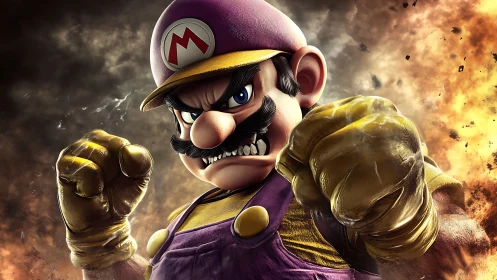 Powerful mustached fighter raises golden fists with flair