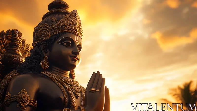 Hindu deity statue stands against illuminated sunset sky