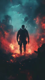 Solitary soldier advances through incendiary urban ruins