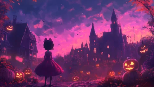 Girl in red dress facing jack-o-lantern filled haunted manor.