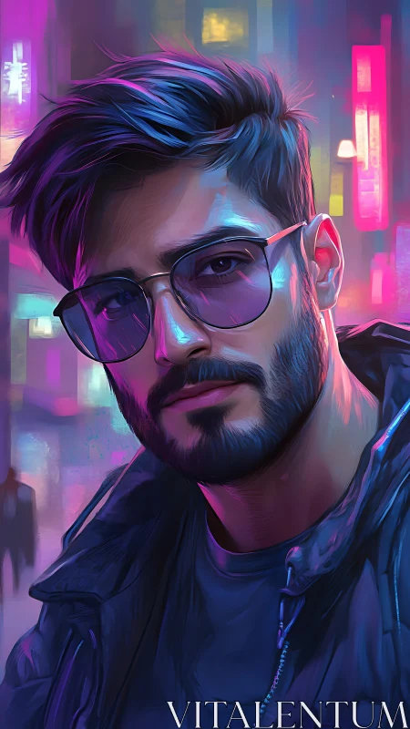 Neon-lit urban portrait of bearded man in reflective glasses.