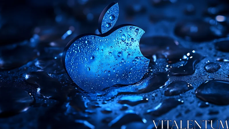 Apple Logo Glistens with Water Droplets in Blue Light.