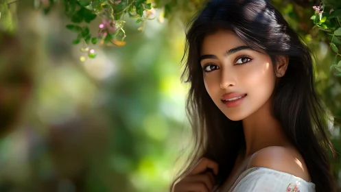 Sunlit portrait of a serene woman amid soft green bokeh.
