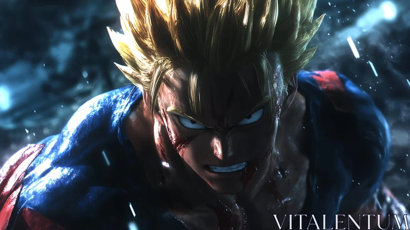 Battle-worn anime hero with glowing eyes in rainstorm.