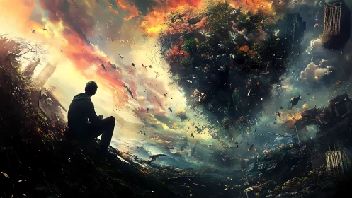 Quiet dreamer watching a crumbling world swirl into light.