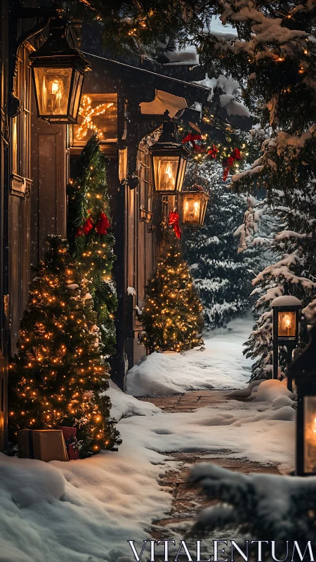 Snowy Christmas walkway lined with glowing lanterns at dusk.
