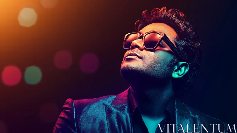 Neon-lit dreamer in glossy blazer under bokeh night sky.