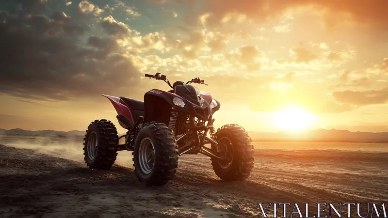 Quad bike on desert track under low-angle sunset illumination.