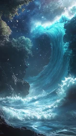 Moonlit ocean wave rising like a luminous celestial gateway.