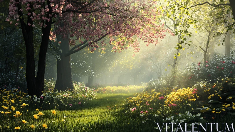 Sunlit spring path through a dreamy blossom-filled forest.