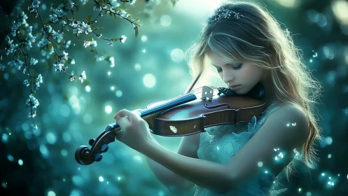 Ethereal young violinist illuminated by bioluminescent bokeh
