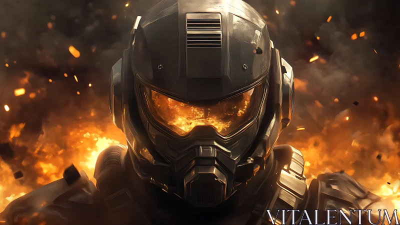 Armored sci fi soldier in burning battlefield flames.
