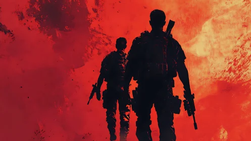 Silhouetted armed soldiers advance across a saturated red tactical field