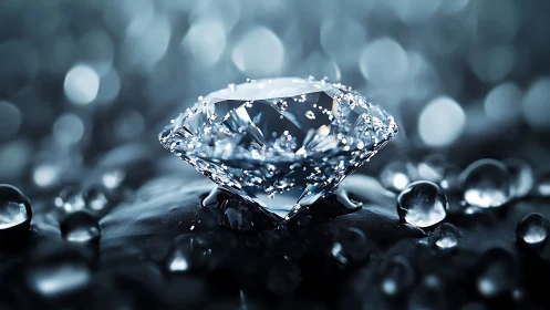 Brilliant cut diamond on wet surface with bokeh glow.