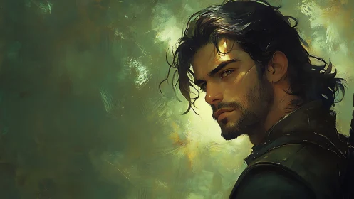 Moody male portrait in painterly green atmospheric lighting