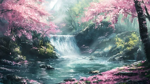 Blossom-veiled waterfall dreamscape in misty spring light.