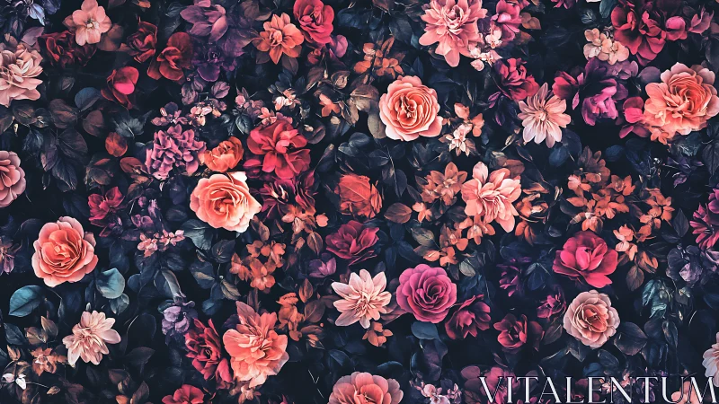 Lush Garden of Coral and Pink Blooms Against Dark Moody Backdrop
