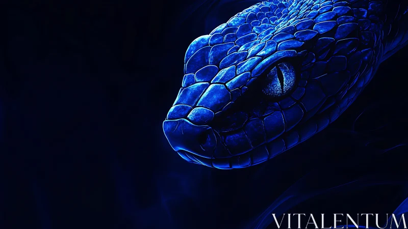 Blue serpent emerges from darkness in electric detail.