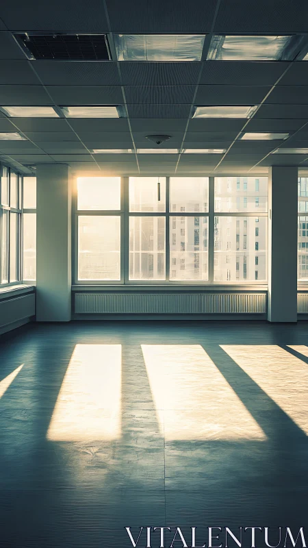 Sunlit empty office interior captures long morning shadows