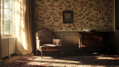 Sunlit vintage salon corner with floral armchair and dresser