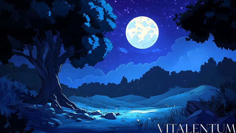 Moonlit meadow and old whispering tree under deep blue sky.