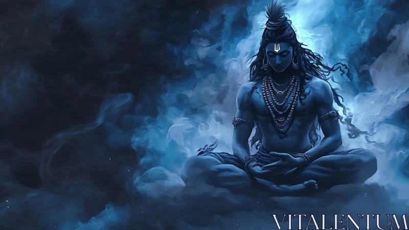 Blue ethereal deity meditates within swirling cosmic mist