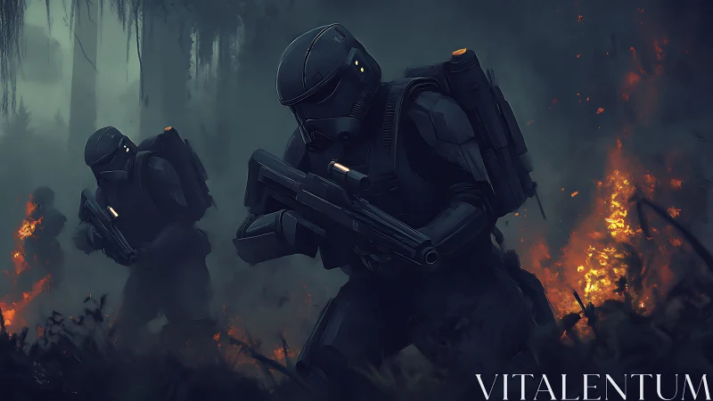 Armored soldiers advancing through burning misted forest.