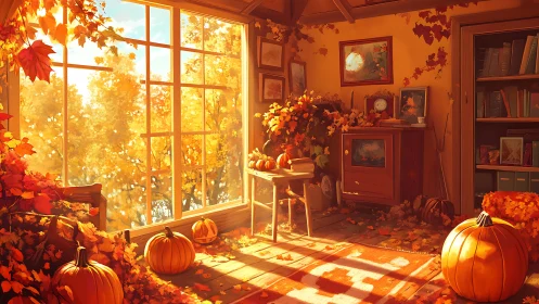 Sunlit autumn room with pumpkins and golden foliage inside.