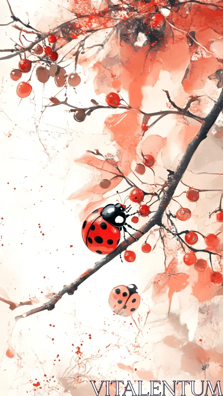 Ladybugs rehearse quiet acrobatics on watercolor berries