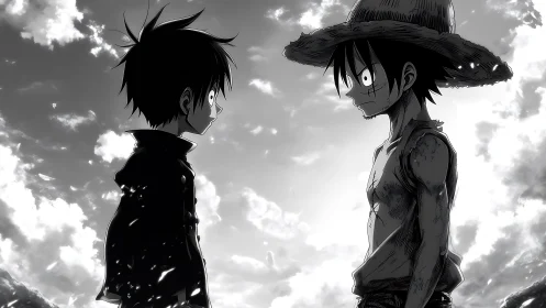 Two silhouetted anime boys facing each other under clouds.