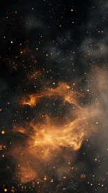 Cosmic nebula erupts in golden flames across dark starfield.